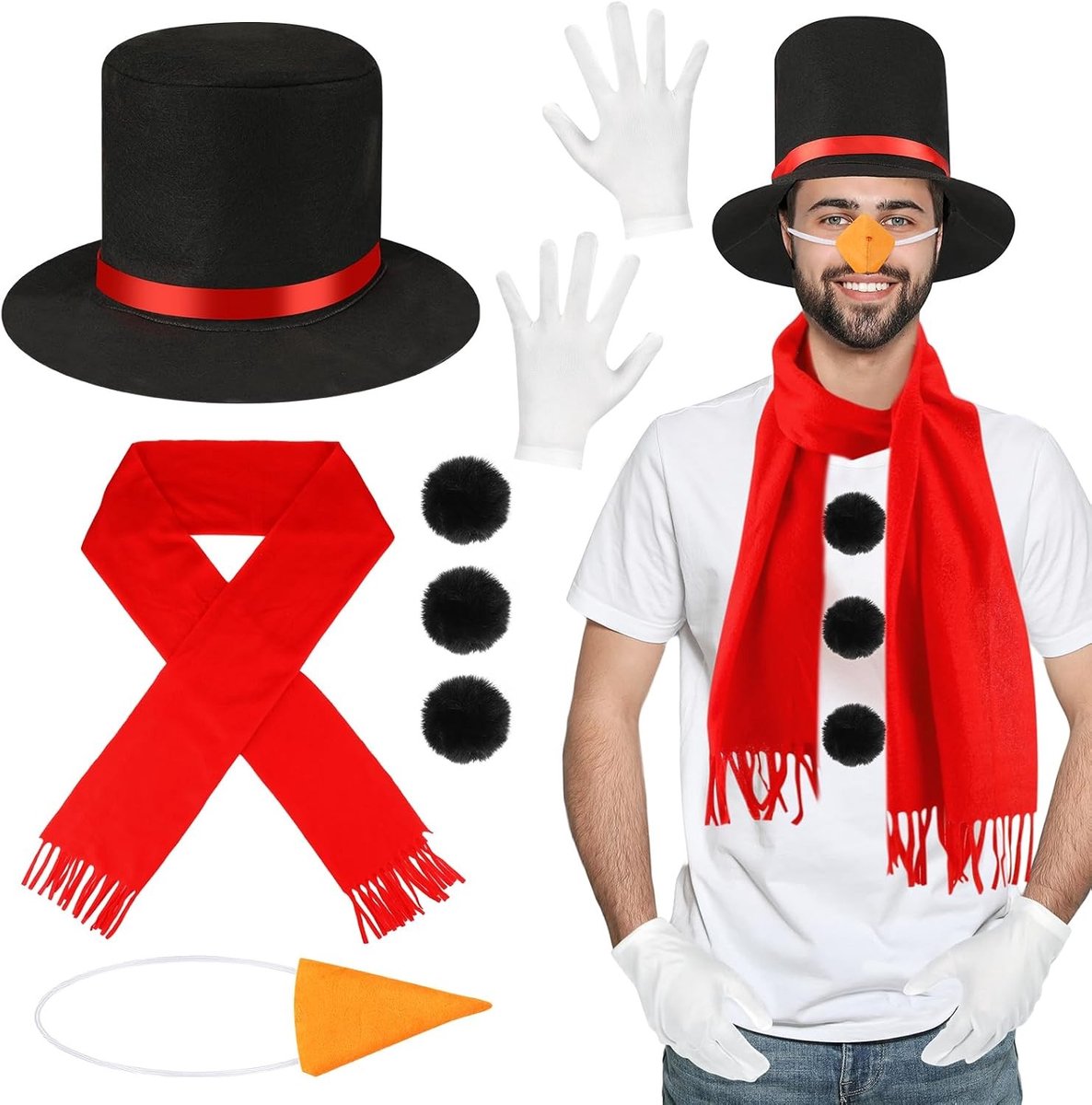 Kerstman kostuum voor volwassenen, inclusief hoed, sjaal en wortelneus, feestelijke outfit voor mannen en vrouwen