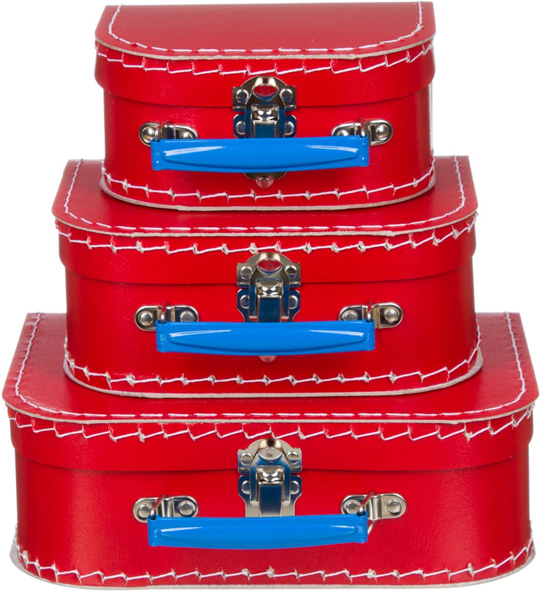 Kofferset - 3 koffers - 16-20-25cm - Retro look - Rood - Handvat blauw - Decoratie - Kartonnen koffer - Logeerkoffer - Speelkoffer - Poppenkoffer- Opbergen - Vertelkoffer - Cadeau - Kraamkado