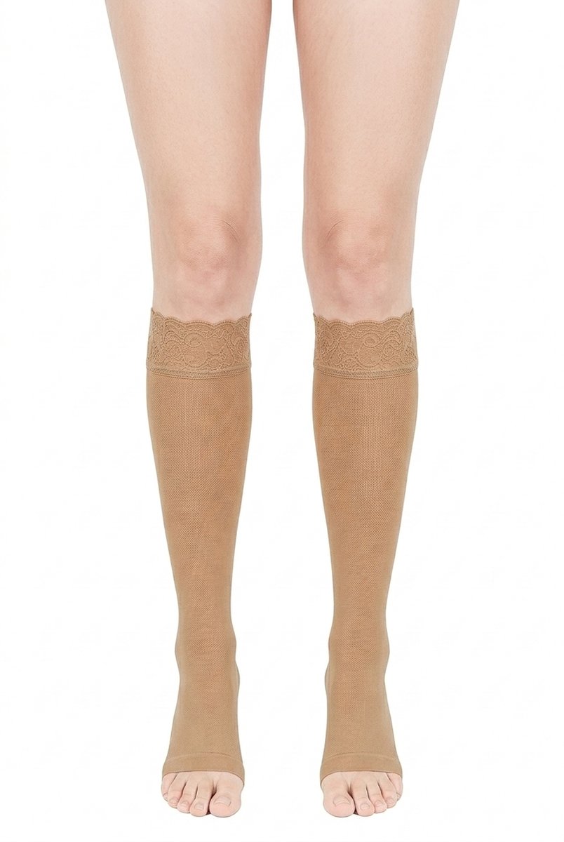 ARCH Compressiekousen / Steunkousen CCL1 – 18–21 mmHg – Dames & Heren – Ondersteuning voor Zware & Vermoeide Benen – Kniehoog – Open Teen – Beige – Maat 3