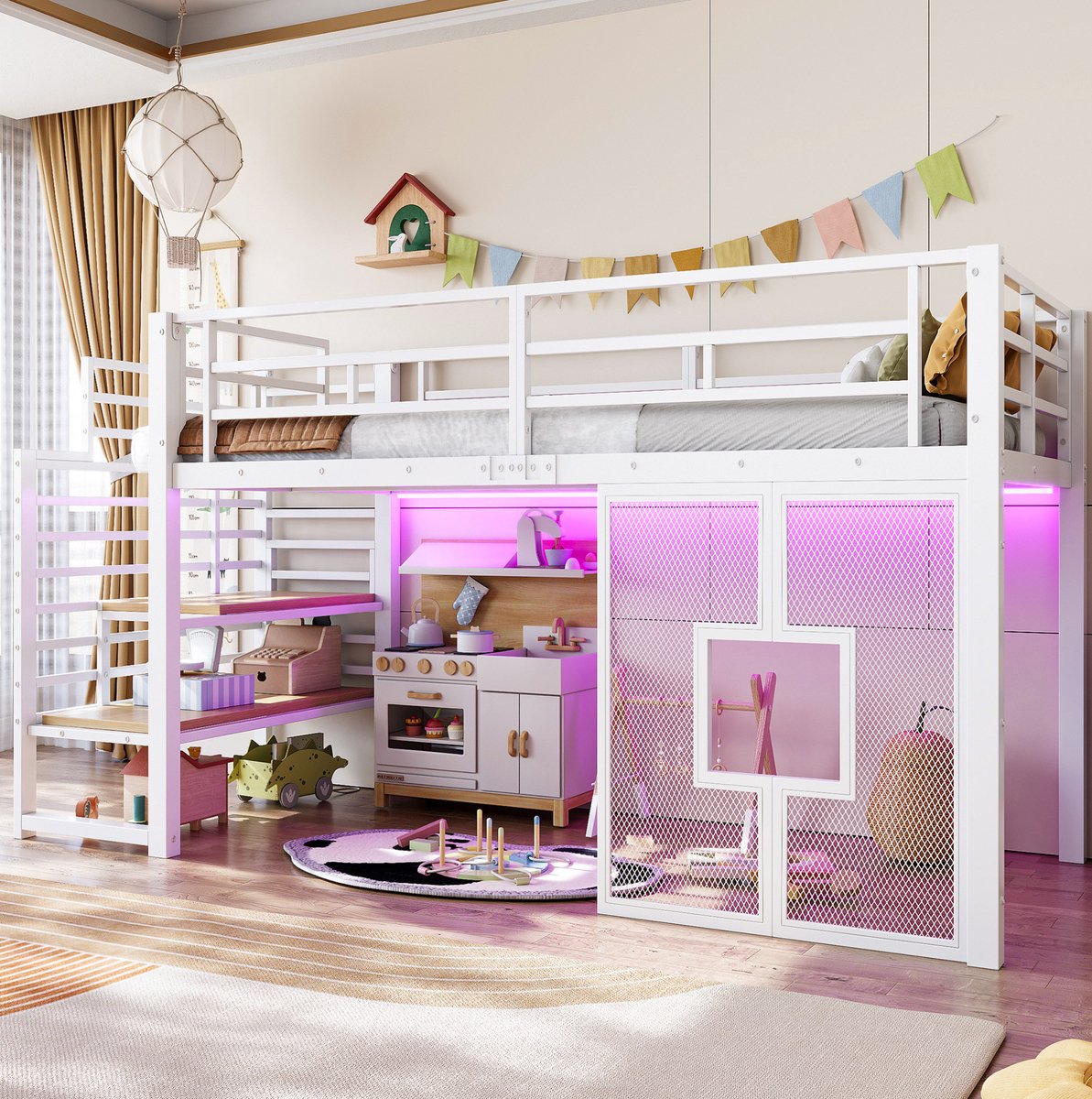 COVREO Hoogslaper met trap en opbergruimte – 90x200 cm – Metalen bedframe met MDF – met LED-verlichting en ramen – Wit - zonder matras