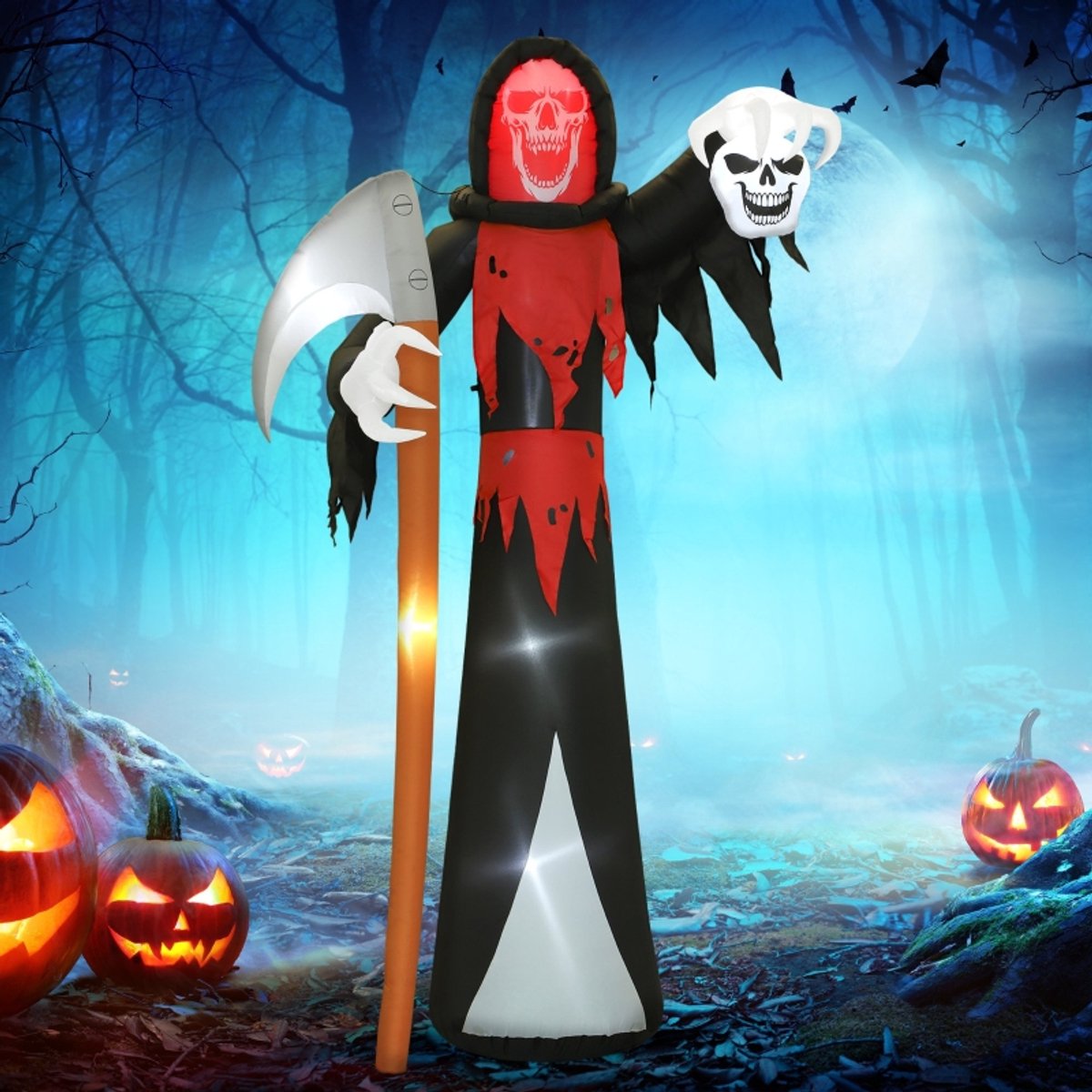 Opblaasfiguur Griezelige Sensenman Met Rode Ledverlichting 205 X 115 X 370 Cm Polyester Zwart Voor Halloween Buiten