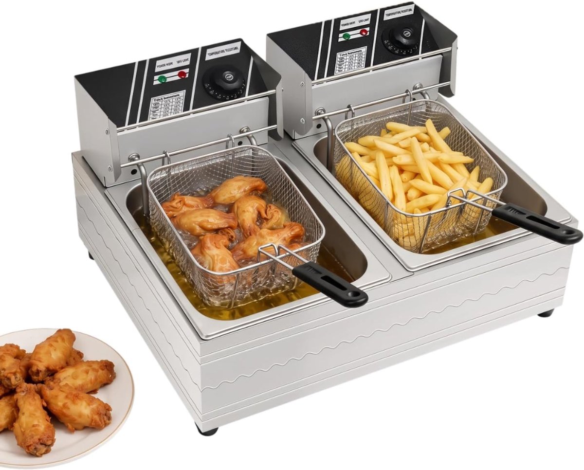 SNJY® Frituurpan - Friteuse - Frituurketel - Dubbel - 2x6L - 5000 W - Zilver