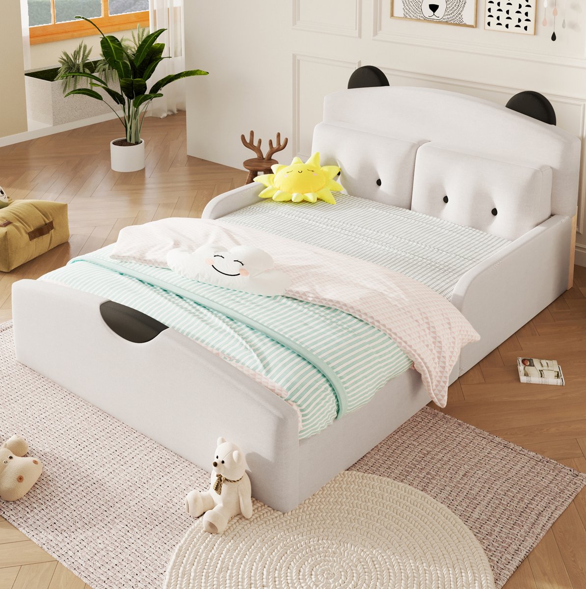 Normaal Bed 140x200 cm Zonder matras - Beren Hoofdbord Met Zachte Bekleding En 2 Sierkussens - Voor Kinderkamer - MDF En Stof - Wit