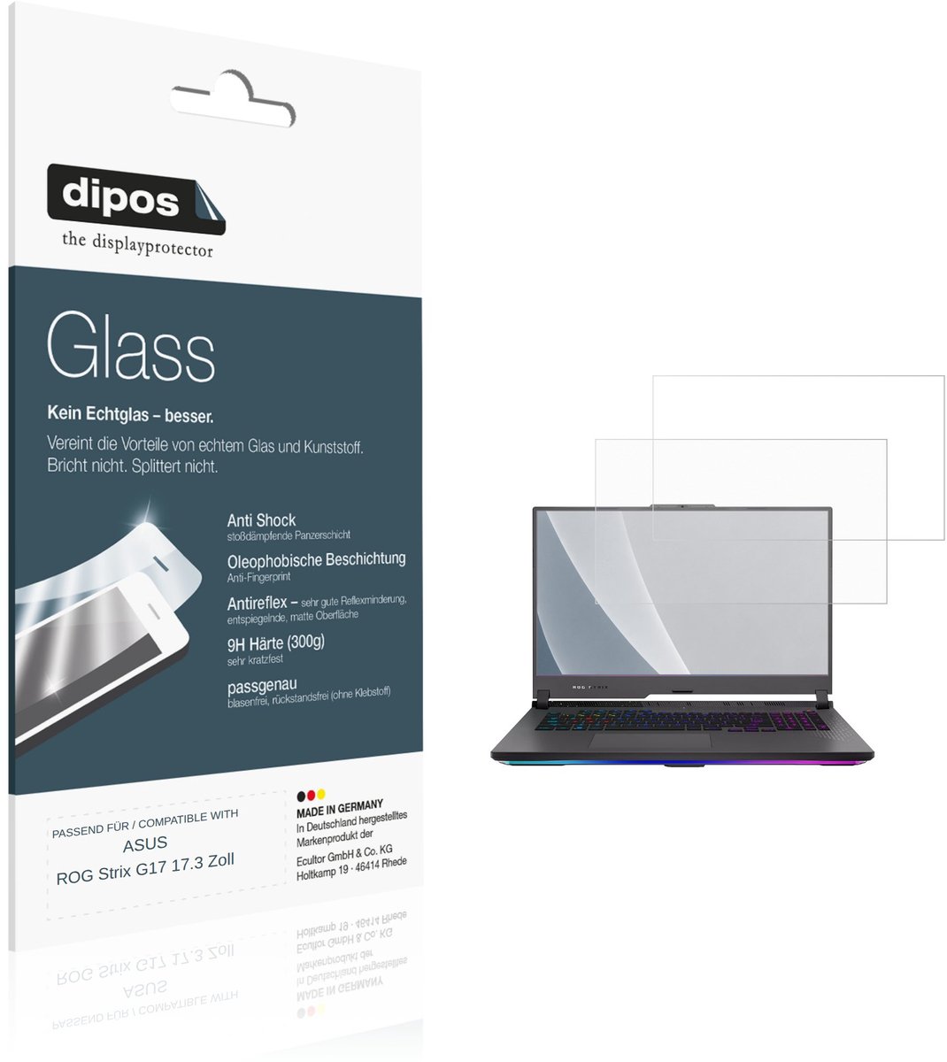 dipos – 2x Matte Pantserfolie geschikt voor ASUS ROG Strix G17 17.3 Zoll | 9H Screenprotector