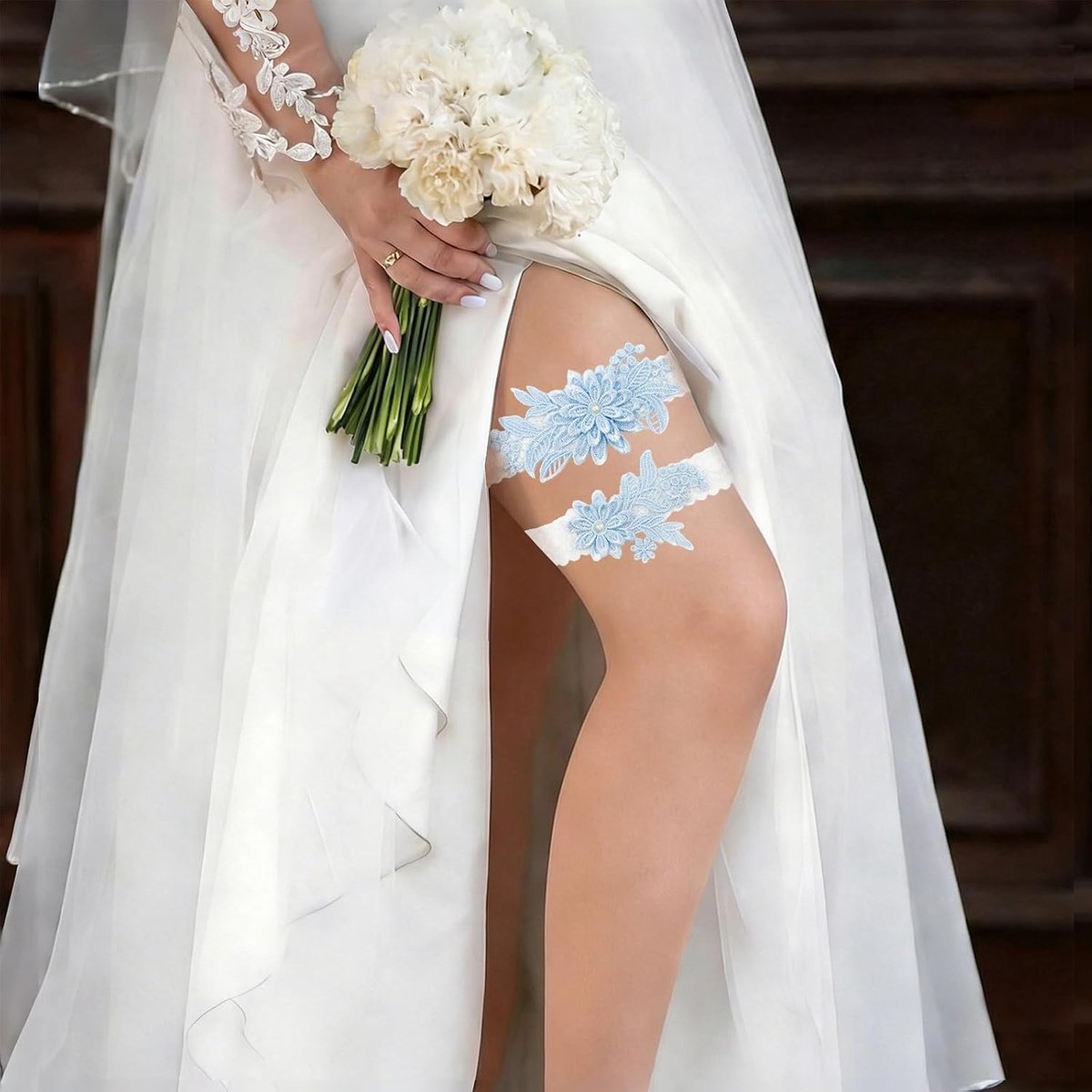 Elegante Kanten Bruidsbanden Set van 2 voor Vrouwen - Elastische Dijenbanden in Wit, Beige en Blauw voor Bruiloften en Feestjes