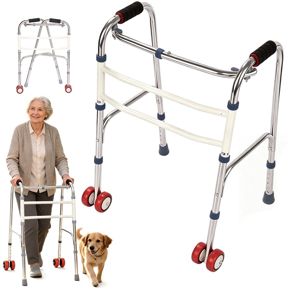 Looprek Senioren - Loophulpmiddel Inklapbaar - Opvouwbare Rollator - 2 Wielen - Lichtgewicht & Stabiel - Binnen & Thuiszorg - Voor Senioren & Revalidatie