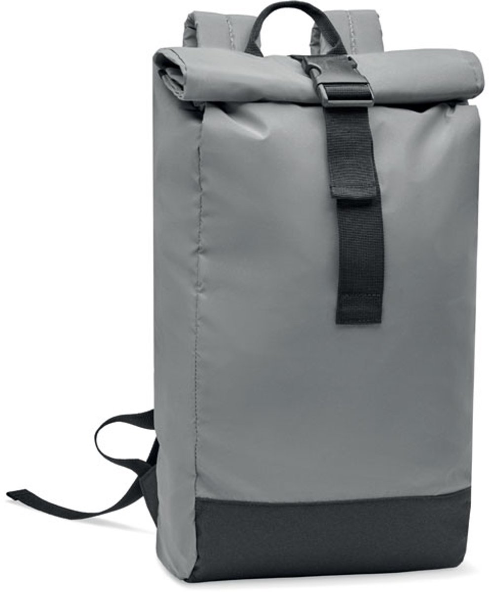 Rolltop rugzak in hoog reflecterend 190T polyester geschikt voor 15 inch laptop