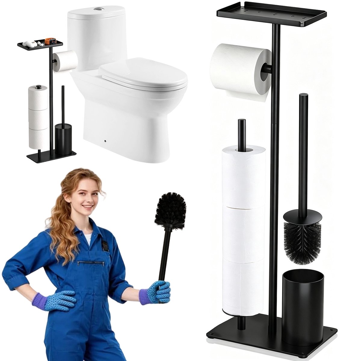 Toiletrolhouder Staand - WC Rolhouder - Reserverolhouder RVS - 3 Rollen - met WC Borstel - Opbergvak Boven - Antislip Voet - 24x59x12 cm - Geen Boren - Toiletrolhouders Vrijstaand - Voor Badkamer en Toilet - Zwart