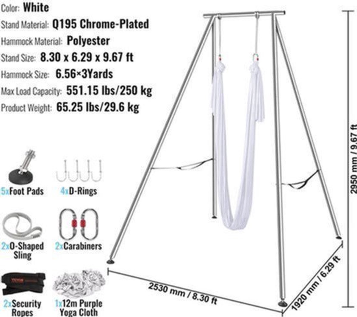 Aerial Yoga Frame – Yoga Hangmat – Stretching Frame – Buiten En Binnen – Max Draagkracht 250 Kg – Roestbestendig Chroom - Wit