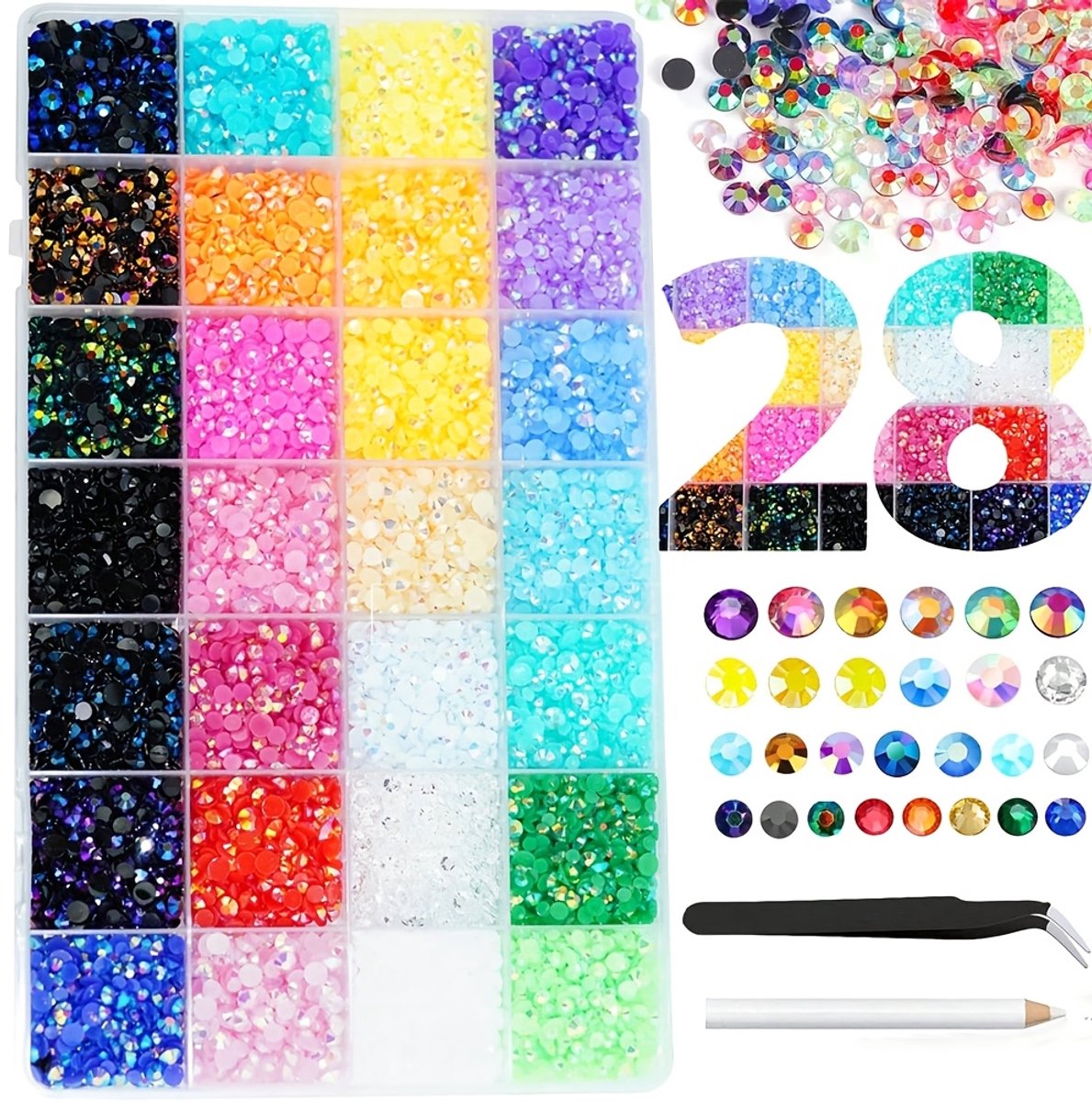 Currero Bedazzle Kit - Bedazzling - Plakstenen - Strass Steentjes - DIY Versieren - 28 Vakken - Nagel Decoratie - Met Pincet En Applicator