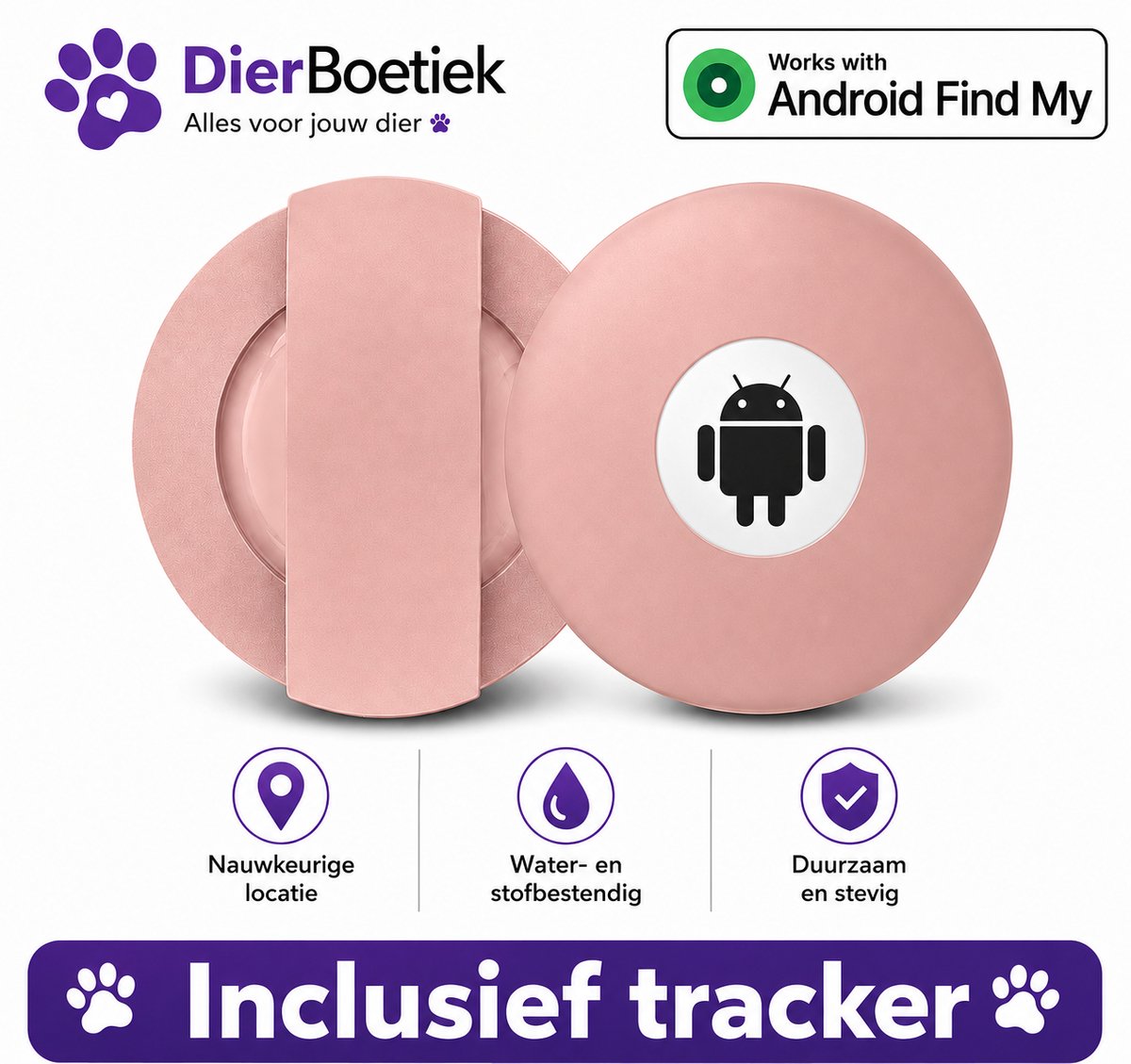 Dierboetiek® Huisdier Tracker Hond & Kat – Tag voor Halsband – Geschikt voor Android - Locatietracker – Penning - Roze