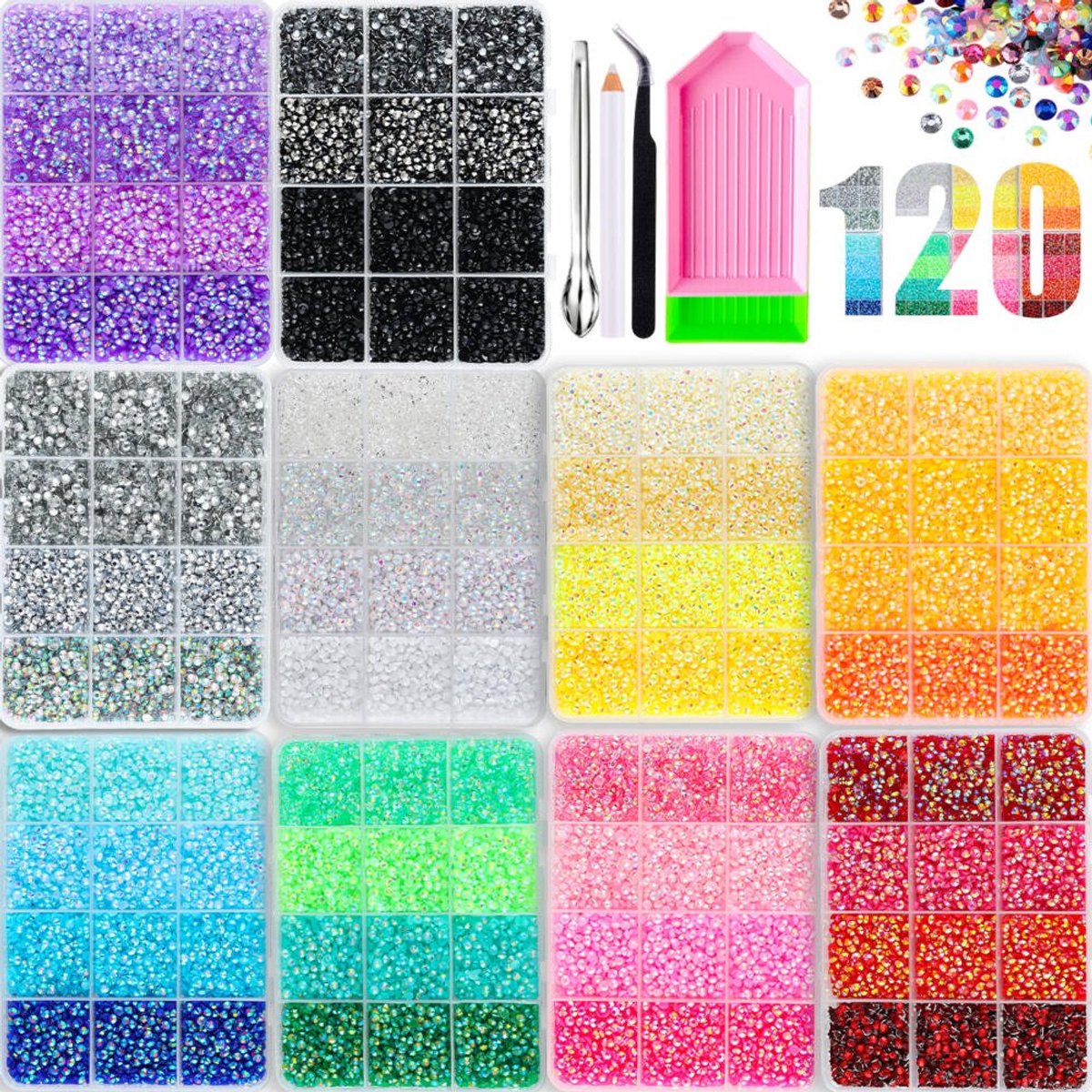 Currero Bedazzle Kit - Bedazzling - Plakstenen - Strass Steentjes - DIY Versieren - 108 Kleuren - Nagel Decoratie - Met Pincet En Applicator