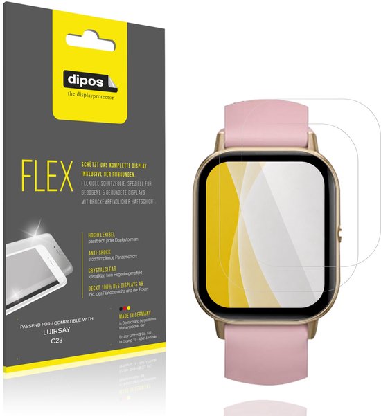 Verpakking en gouden smartwatch met roze band. De verpakking toont "FLEX", "100% Passend", "Made in Germany" en een smartwatch met beschermfolie.