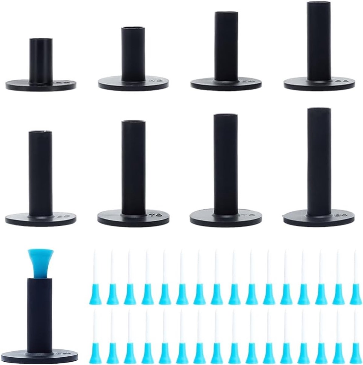 48 Stuks Golfassortiment T-shirts voor Matten, Rubber Golftee Houder, Onbreekbaar en Stabiel voor Binnen en Buiten Oefeningen, 8 Maten, Zwart Rubber T-shirt