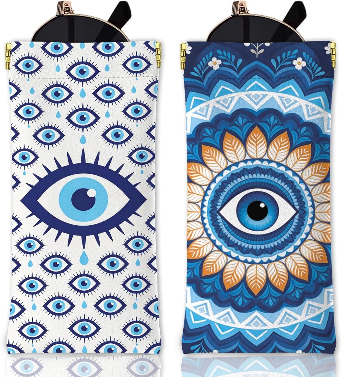 2 Stuks Evil Eye Zachte Brilhoes met Squeeze Deksel - Reisbril Etui van PU Leer voor Zonnebrillen en Optische Brillen, Geschikt voor Dames en Heren