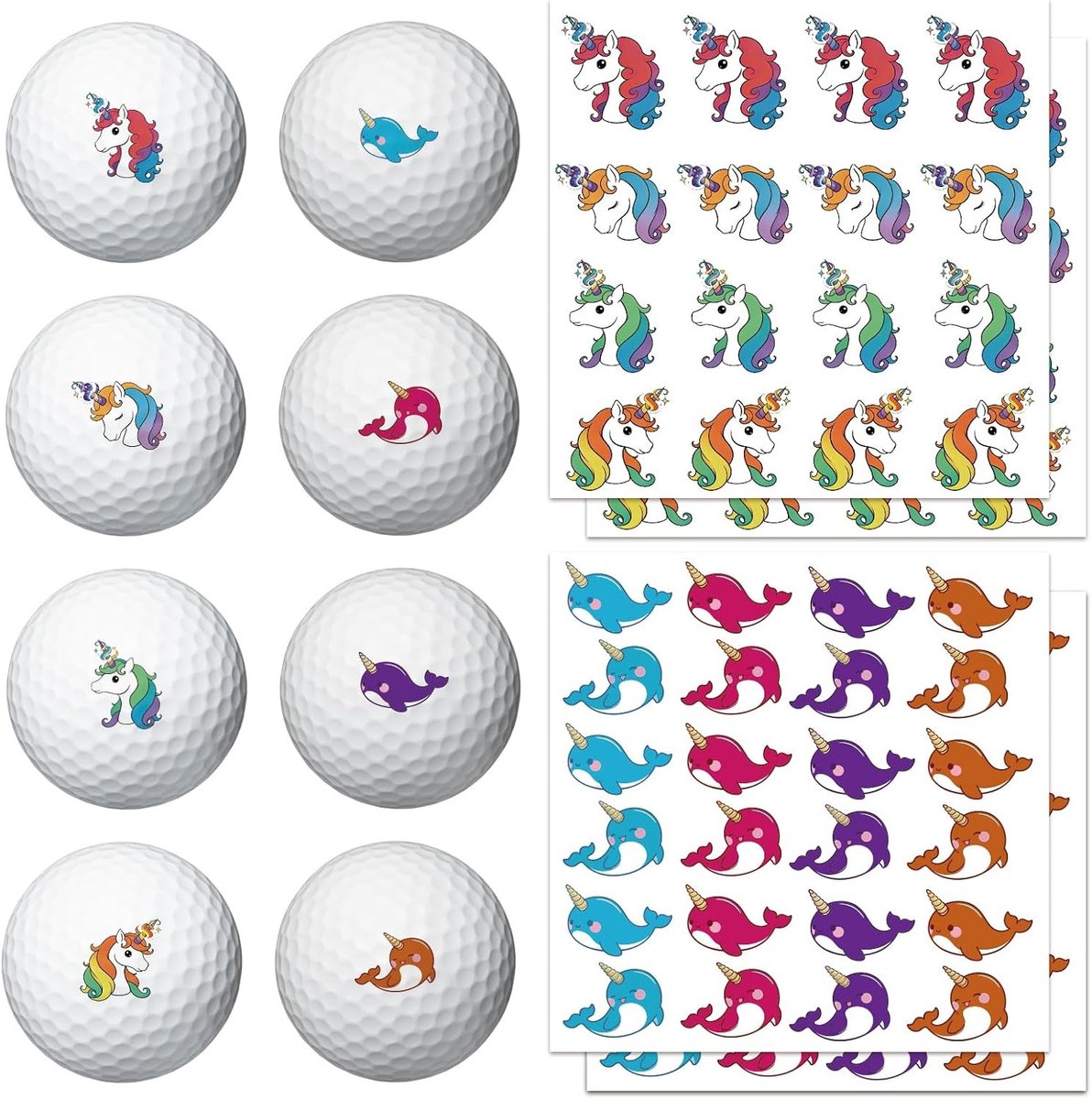 4 Vellen Golfbalmarkers met Cartoon Narwal Ontwerpen, 80 Stuks, Personaliseerbare Golfballen Stickers, Perfecte Golfaccessoires en Cadeau voor Golfliefhebbers