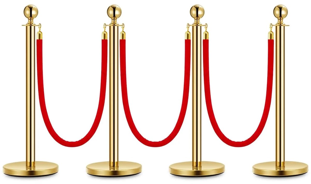 Brandistry - Fluwelen Palen - Fluwelen Wachtrij Barrièrepalen - Rodeloper - Roestvrijstalen Palen Met Fluwelen Touw - Rood - Goud