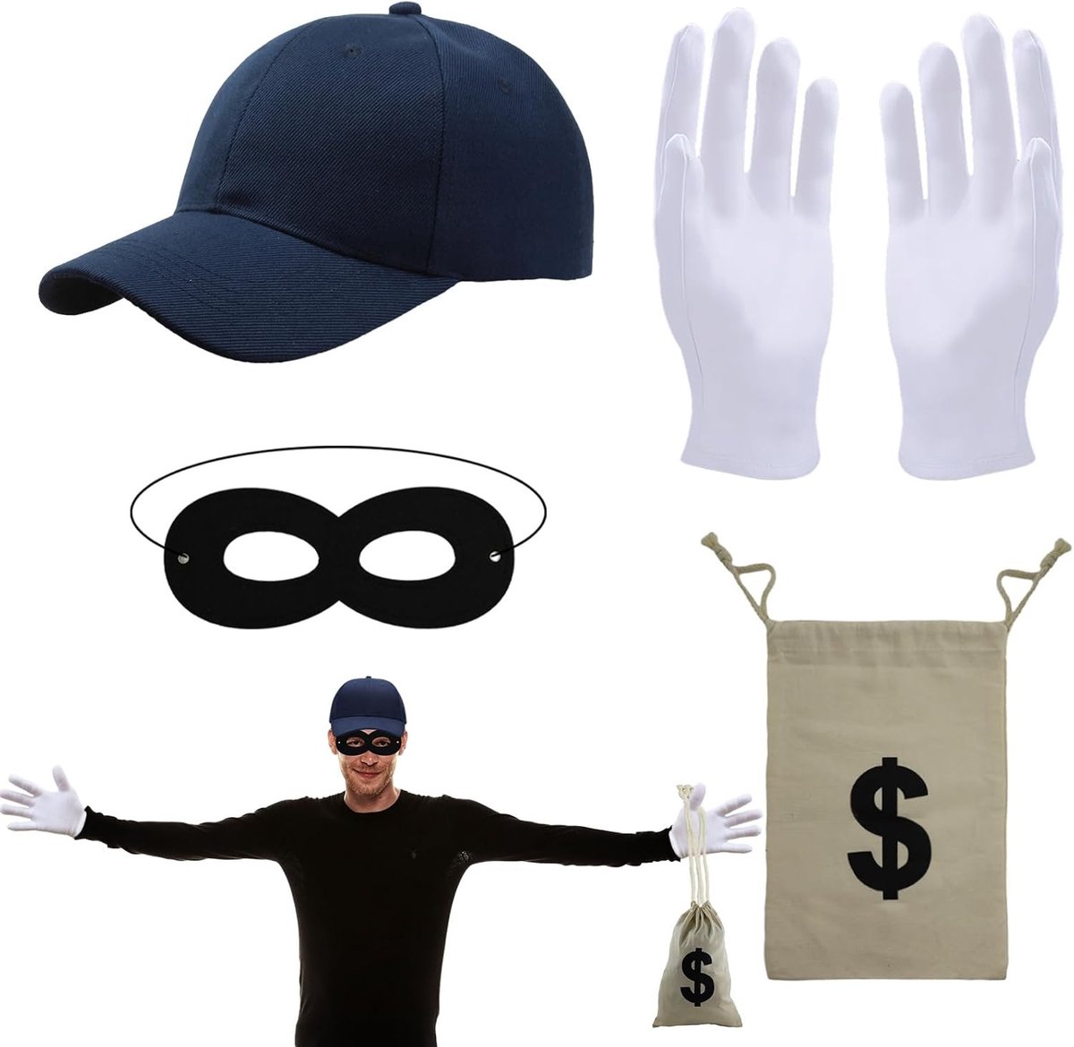 Cracker Kostuum Accessoire met Masker, Pet, Handschoenen en Geldzak voor Carnaval en Halloween voor Volwassenen en Kinderen