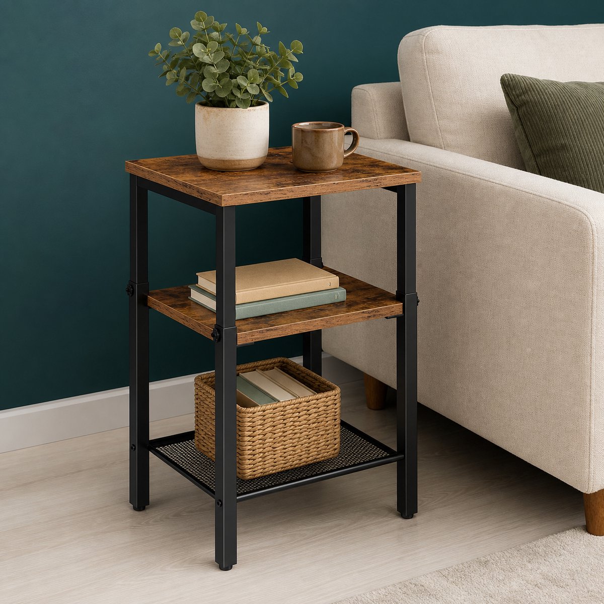 Trankielo Bijzettafel hoogteverstelbaar - Retro stijl - Metalen frame - Compact ontwerp Rustiek bruin + Zwart