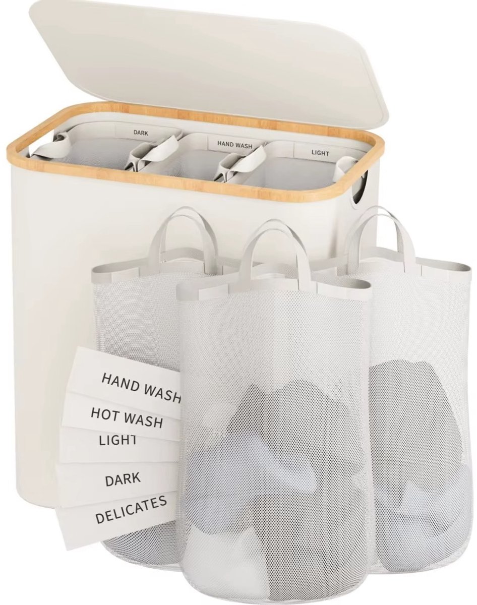 CreateEcom Wasmand - wasmand 3 vakken - wasmand slank met afneembare en wasbare binnenzak - wasmanden met handgrepen - 160L - Beige
