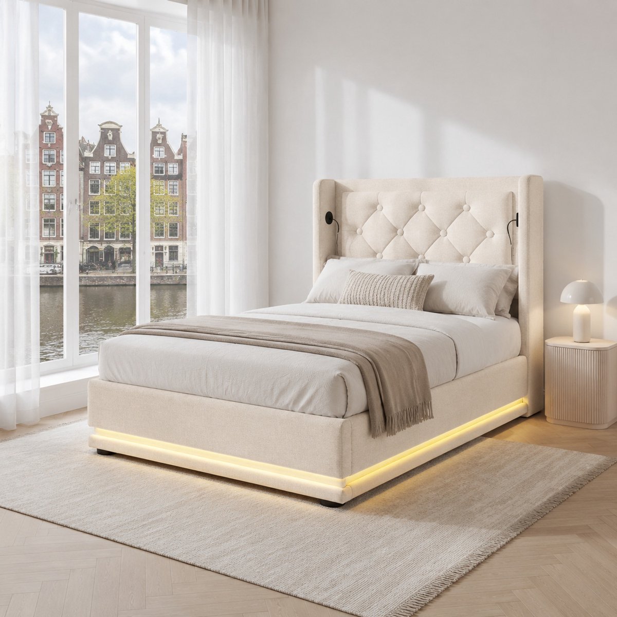 WUVRIE Eenpersoonsbed 90x200 cm met opbergruimte, LED-verlichting en USB-C, gestoffeerd in beige