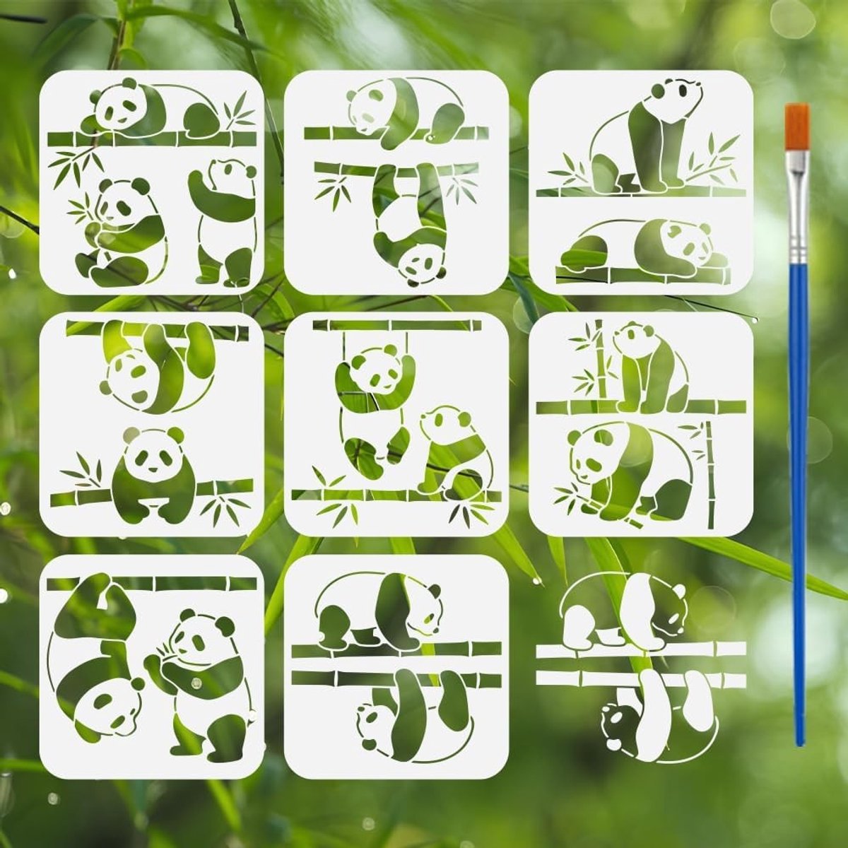 8-delige set panda-bamboe-sjablonen met penseel, 15 x 15 cm – Herbruikbare dierensjablonen voor creatieve schilderprojecten, ideaal voor kinderen en hobbyisten