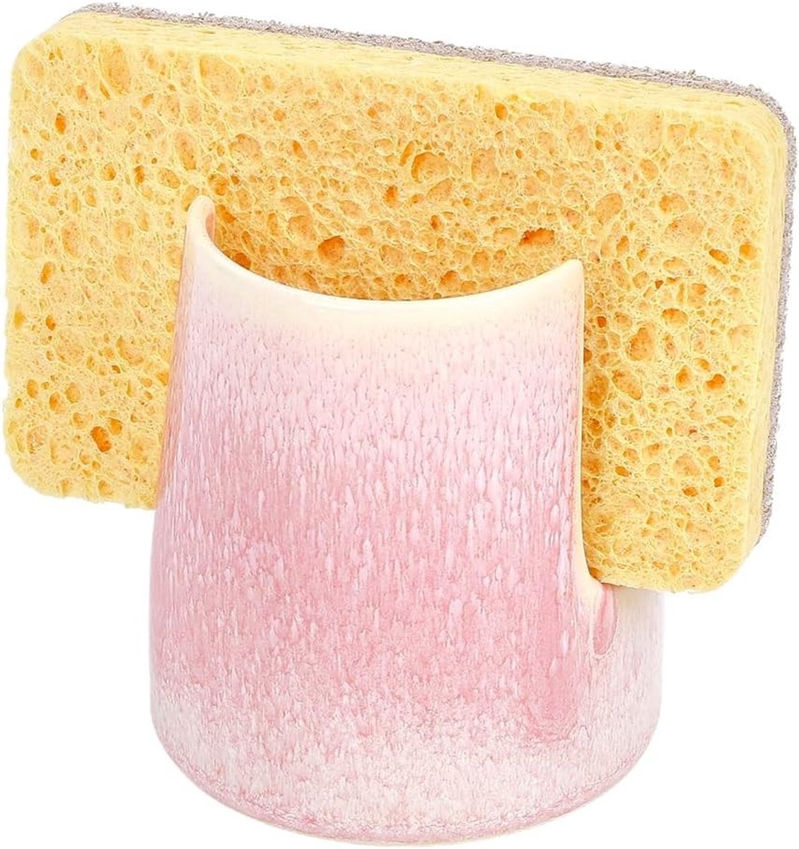 Sponshouder van keramiek, 76 x 85 mm, roze, compacte organizer voor gootsteen, houder voor keukensponzen en borstels, praktisch en stijlvol voor keukenopslag