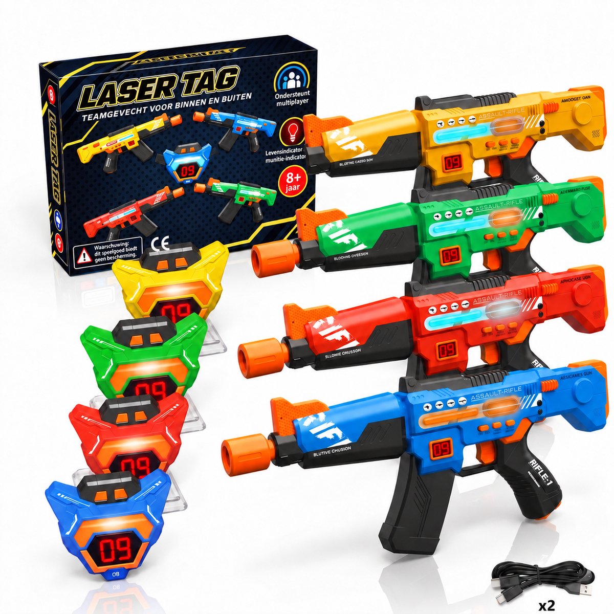 Lasergame Set voor Kinderen - Oplaadbaar - 4 Spelers - 4 Laserguns en LED Vesten - Binnen en Buiten