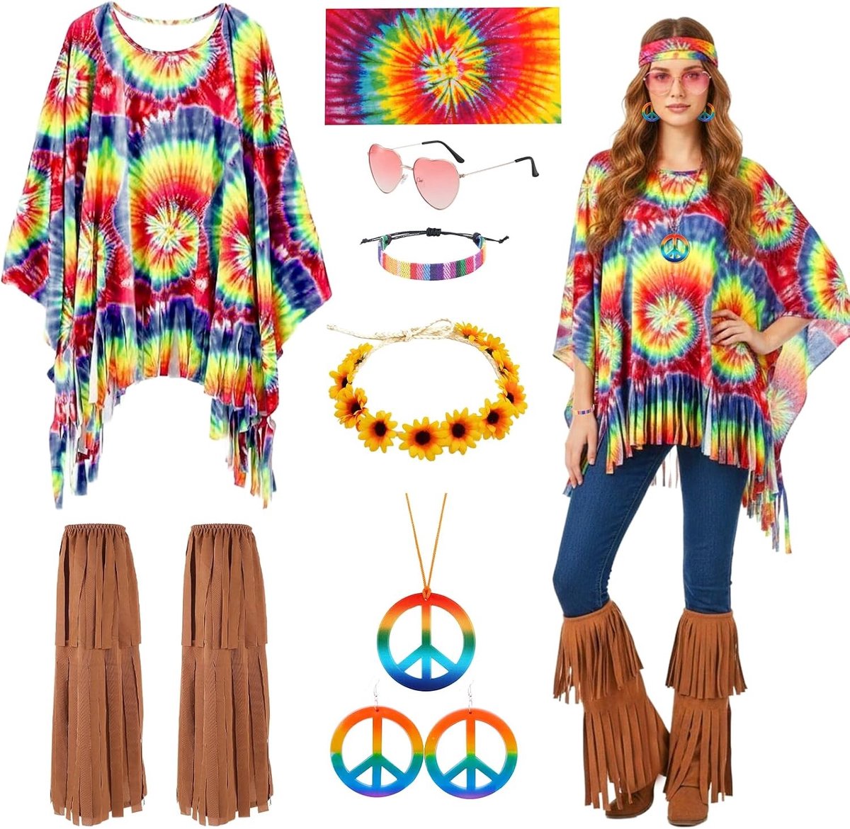 70s Hippie Kostuums voor Vrouwen, Boho Retro Outfit met Fringes, Accessoires en Zonnebril voor Festivals
