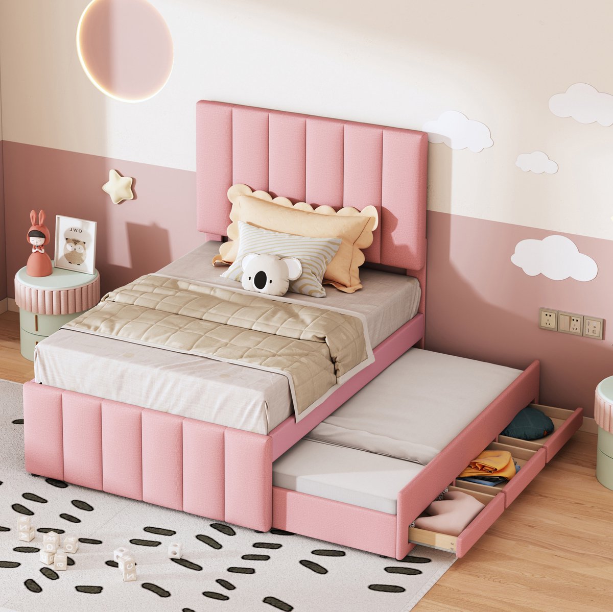 COVREO Polsterbett 90x200 cm met uitrolbed en lades - roze, kinderkamerbed met opklapbed en opbergruimte Pink