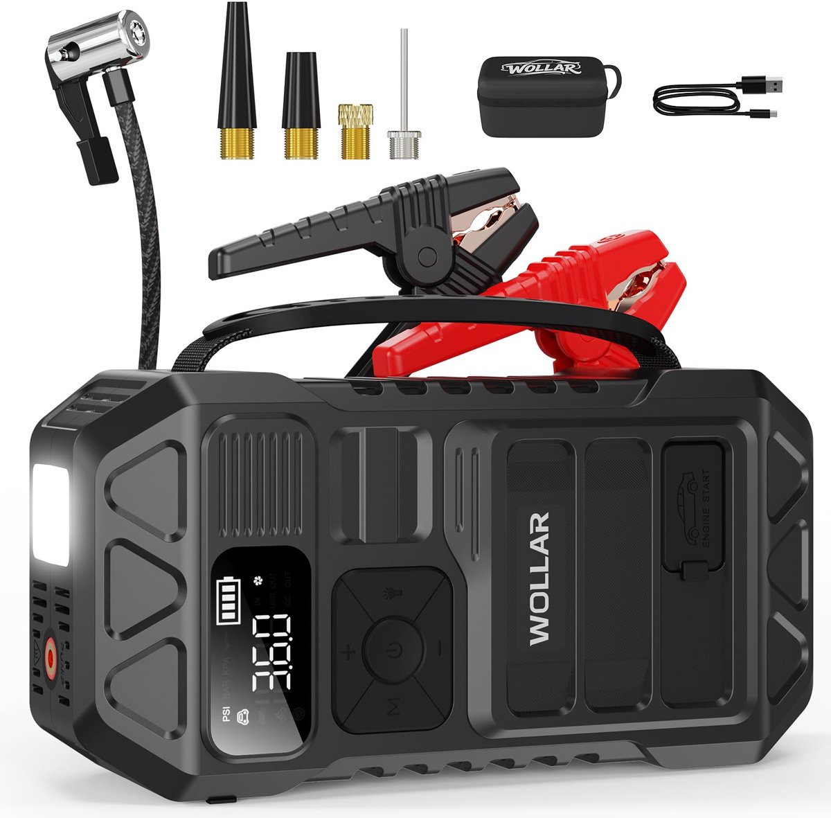WOLLAR 3000A Jump Starter met Luchtcompressor, 5-in-1 12V Accustarthulp, 160PSI Bandenpomp, 20000mAh Powerbank voor 9L - ShopVlot