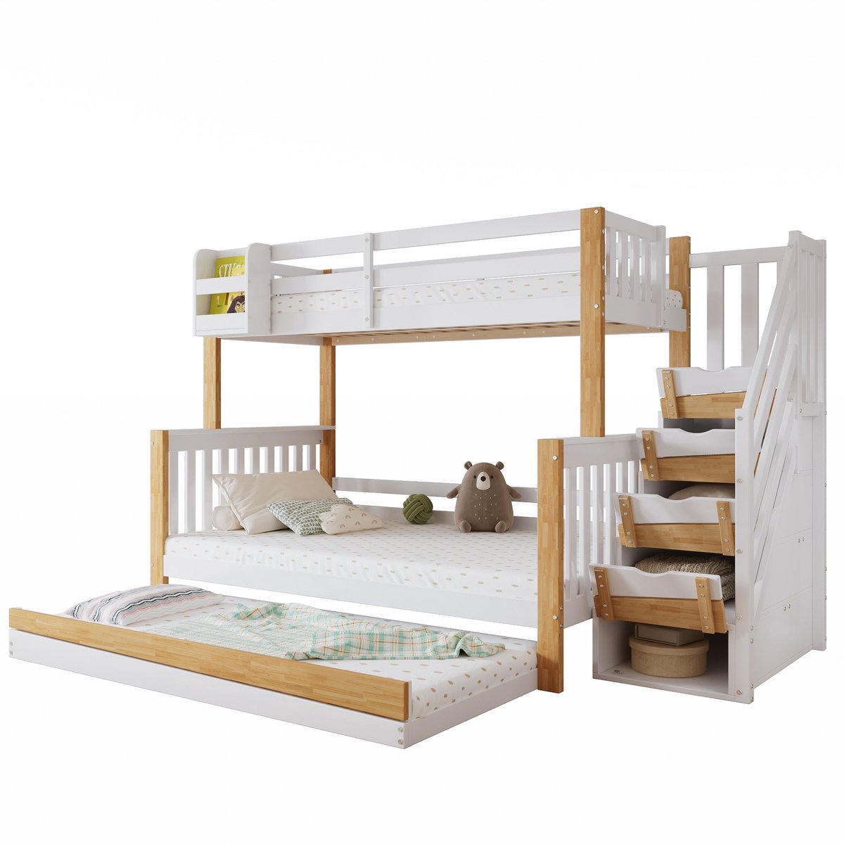 Merax Stapelbed voor Kinderen 90x200 en 120x200 - Met Logeerbed - Opbergtrap - Houten Lattenbodem - Bed met Opbergruimte - Hout en MDF - Wit Natuur