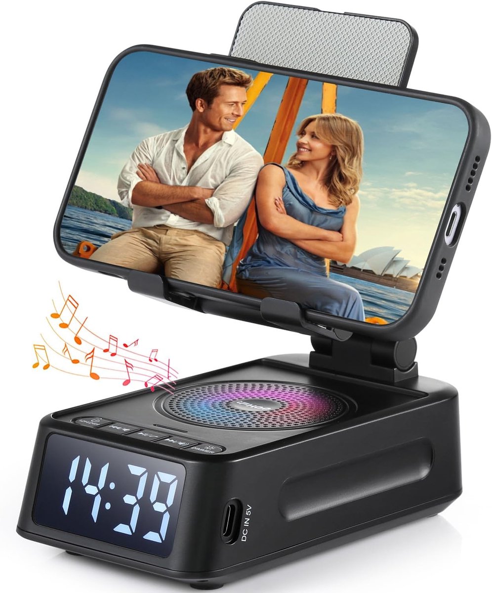 Telefoonstandaard met Bluetooth Speaker & Digitale Klok, Multifunctionele Telefoonhouder voor Bureau en Nachtkastje, Compacte Muziekstandaard, Ideaal Cadeau voor Mannen en Vrouwen, Geschikt voor Thuis en Kantoor