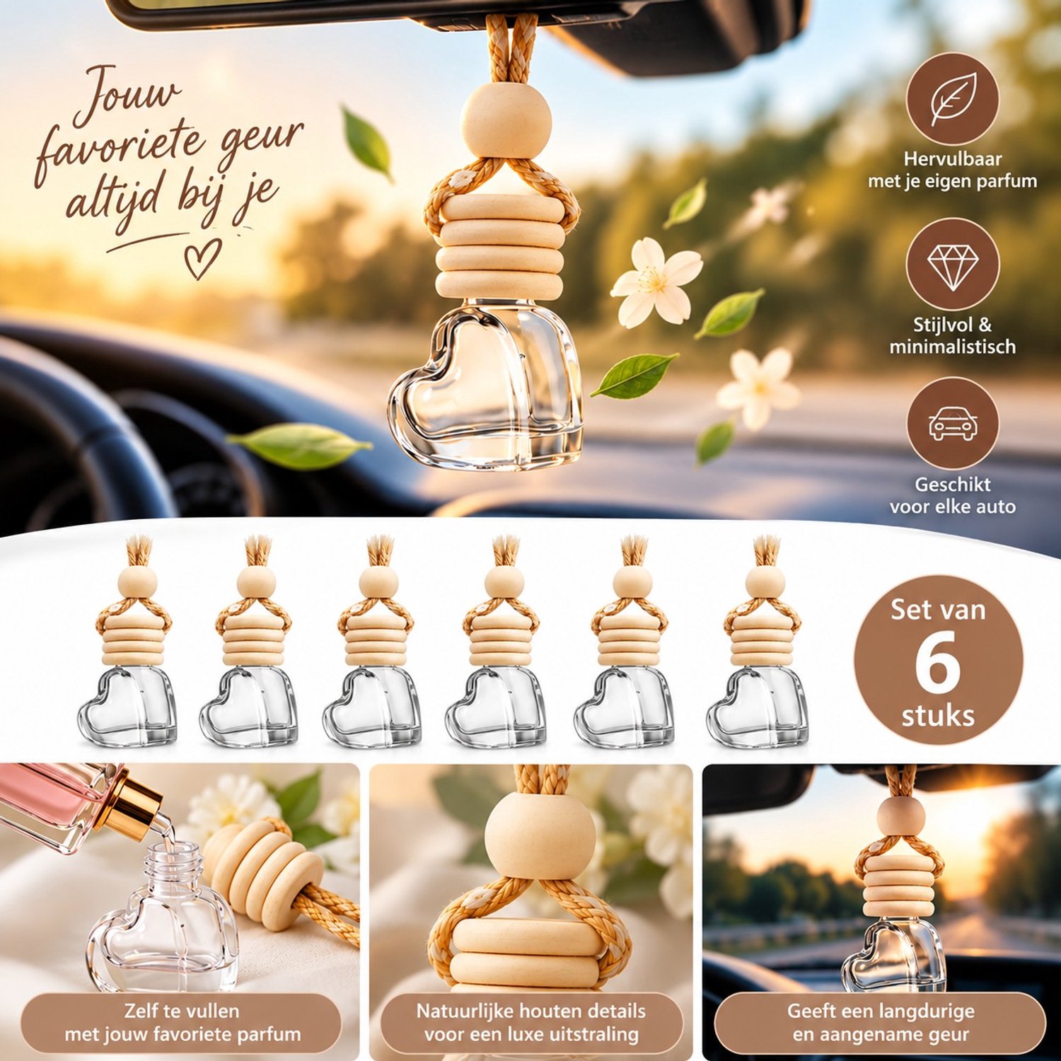 Lege Auto parfum flesjes - 6 stuks - Hartje - TIJDELIJKE AANBIEDING | cadeau man | Autogeur | Auto Luchtverfrisser | cadeau vrouw | Verjaardagscadeau | Bedankt cadeautje | auto parfum