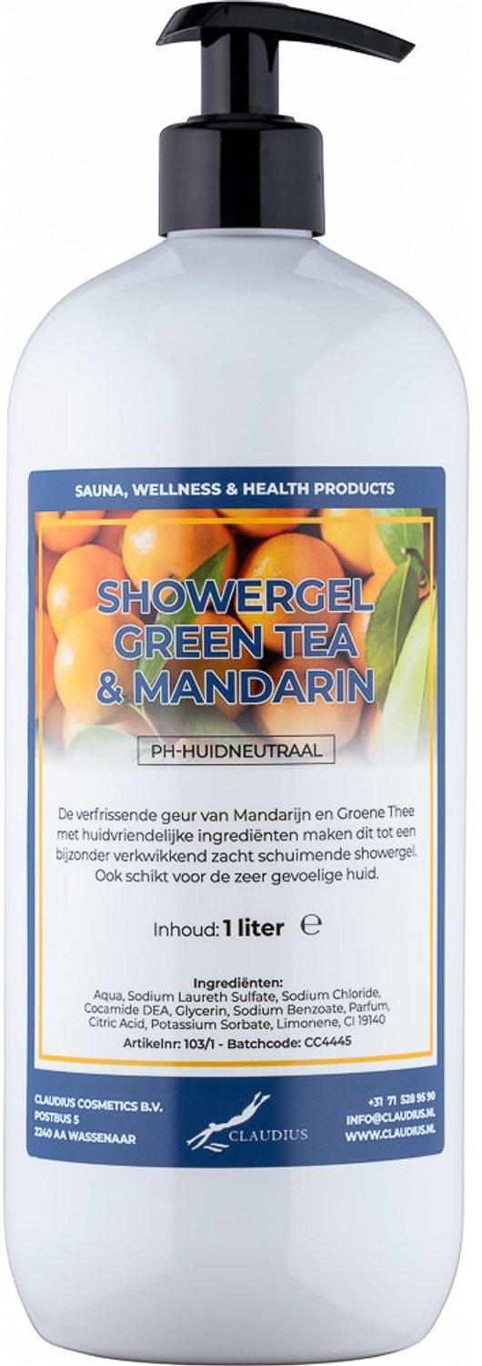 Claudius Douchegel Green Tea & Mandarin 1 liter met gratis zwarte pomp - showergel - navulling - voordeelverpakking