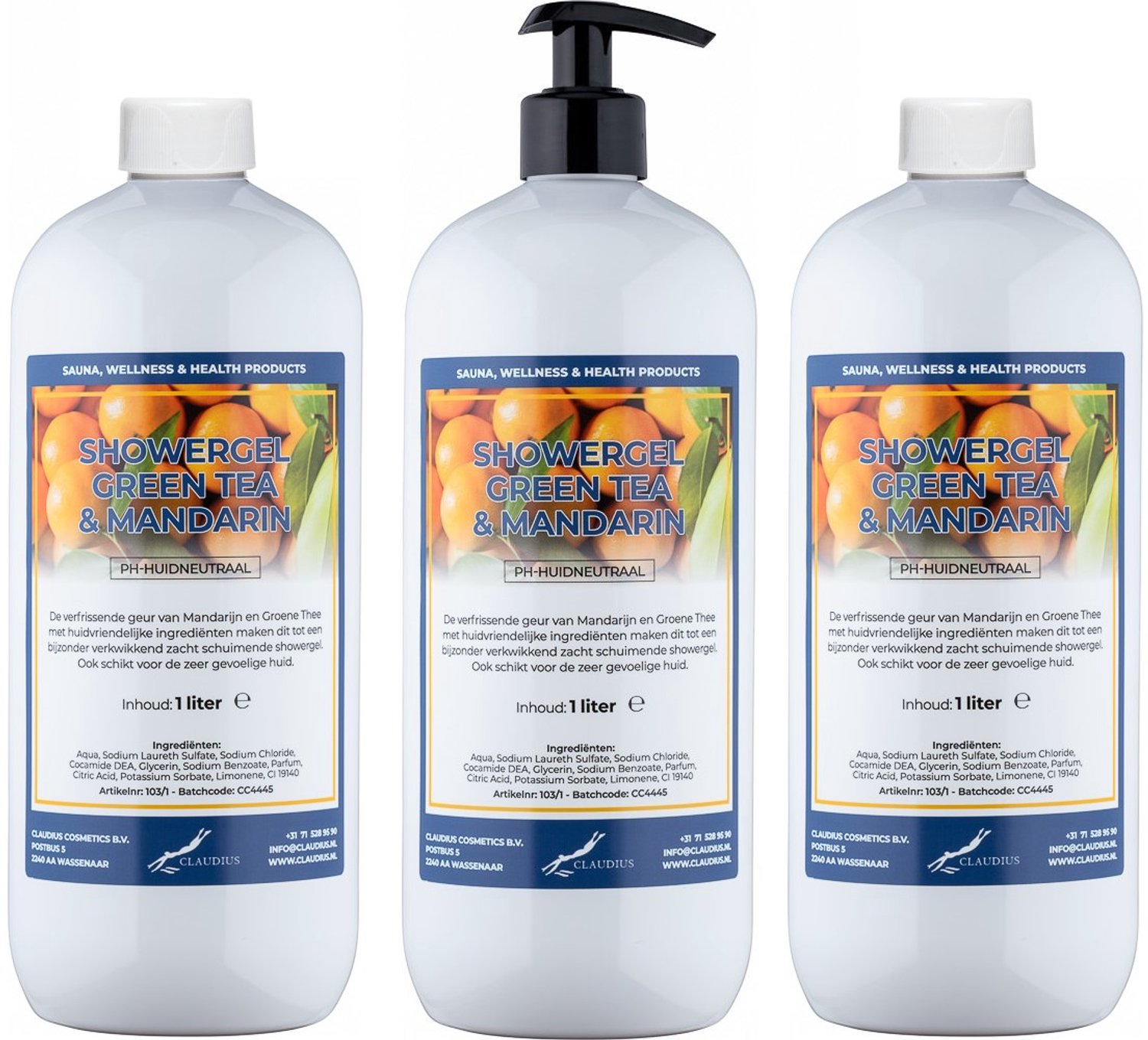 Claudius Douchegel Green Tea & Mandarin 1 liter - set van 3 stuks - met gratis zwarte pomp - navulling - voordeelverpakking