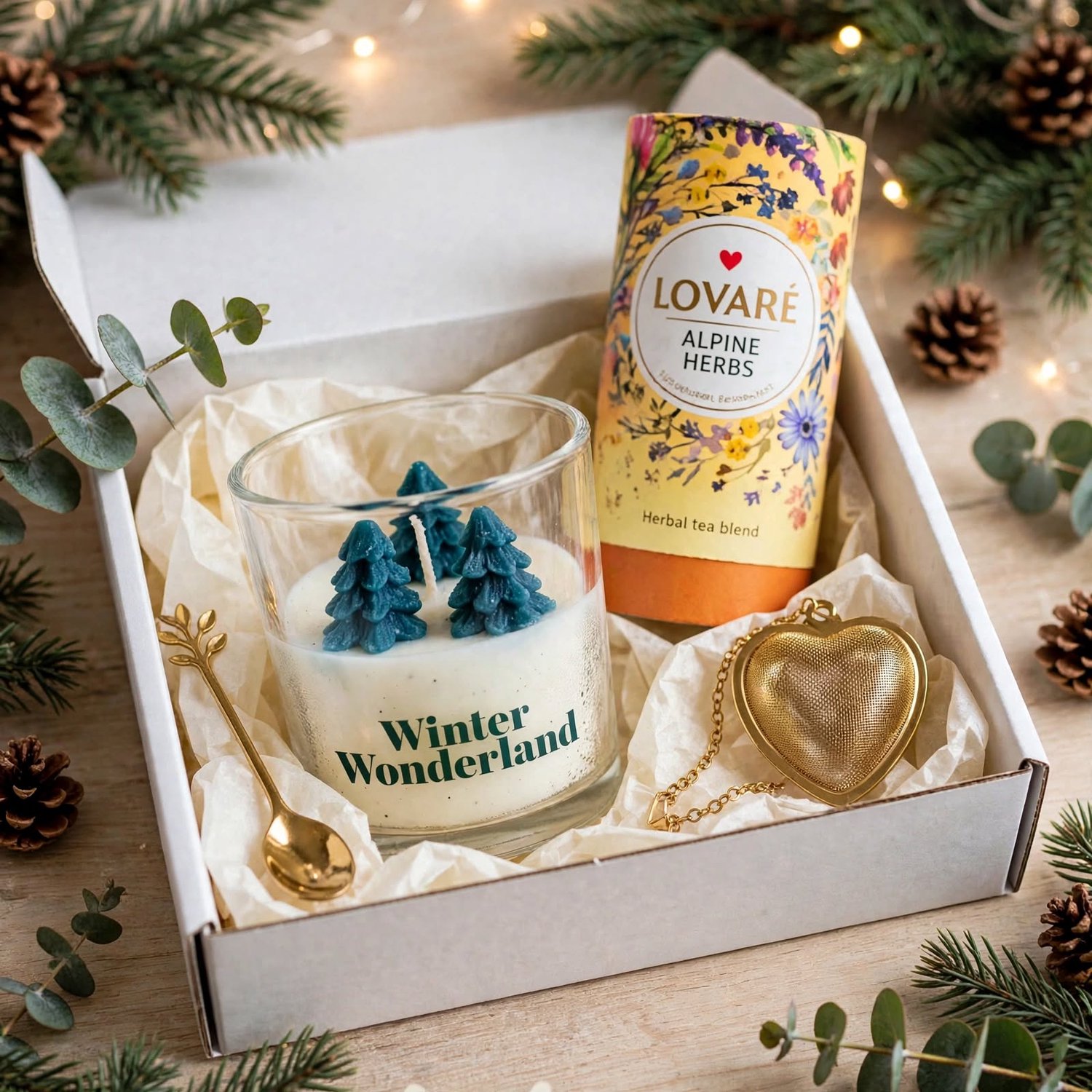 LOVARÉ Alpine Herbs Thee 80 g – Luxe Kerst Theecadeau Set – Losse Thee met Kerstboom Theezeef & Gouden Lepel