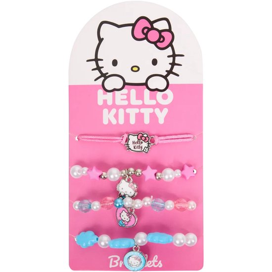 Set van vier Hello Kitty armbanden met roze, blauwe en parelmoer kralen, sterretjes en bedels op een roze displaykaart.
