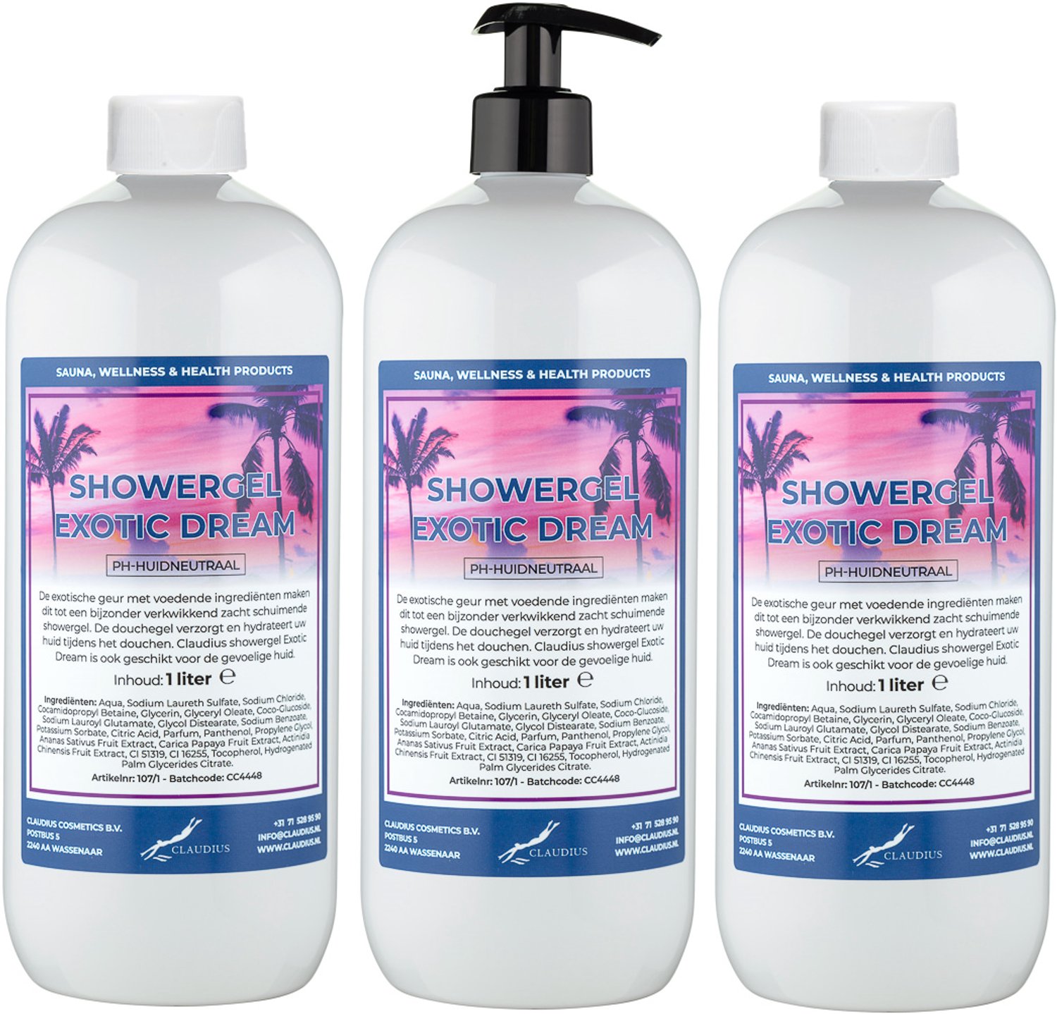 Claudius Douchegel Exotic Dream 1 liter - set van 3 stuks - met gratis zwarte pomp - navulling - voordeelverpakking