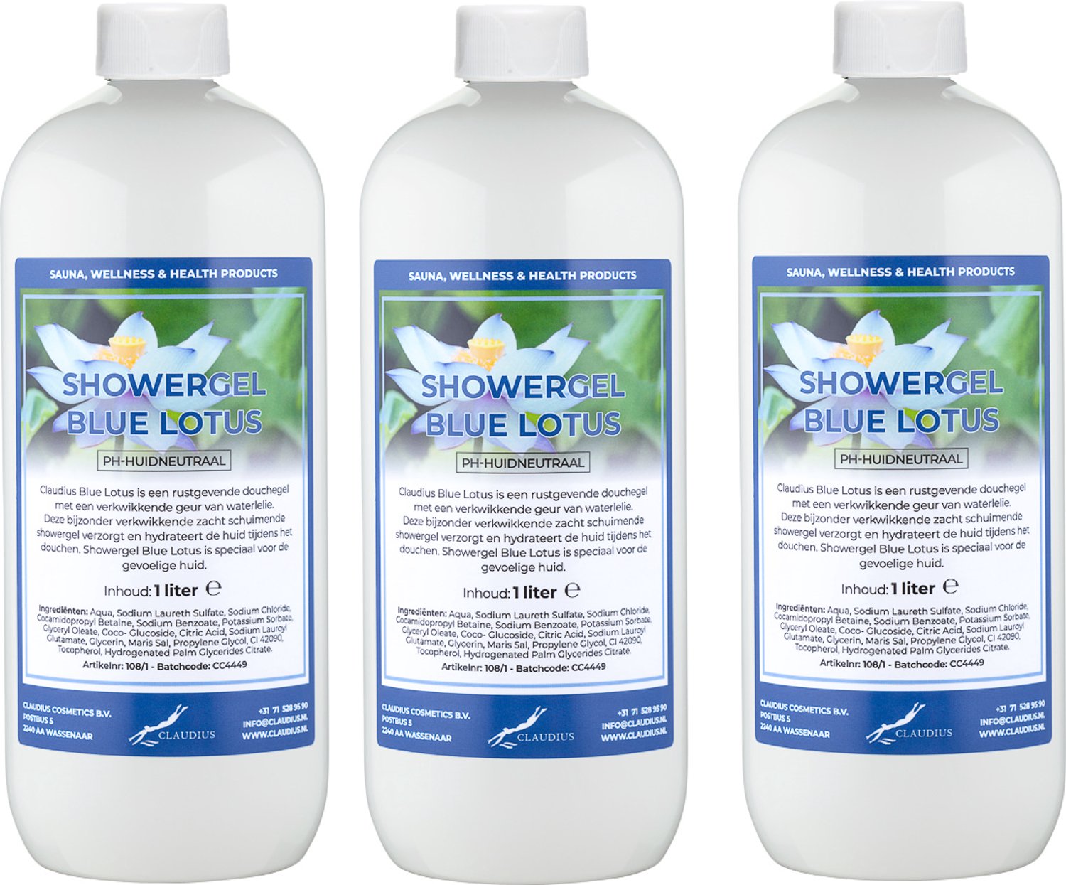 Claudius Douchegel Blue Lotus 1 liter - set van 3 stuks - showergel - navulling - voordeelverpakking