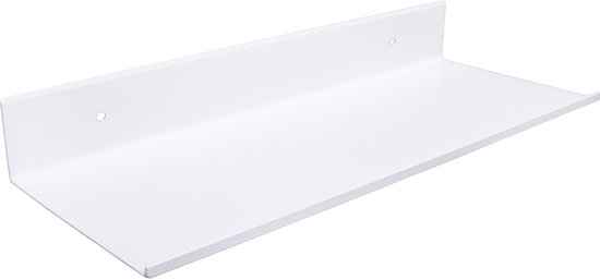 Witte metalen wandplank in perspectief met twee montagegaten in de achterplaat.