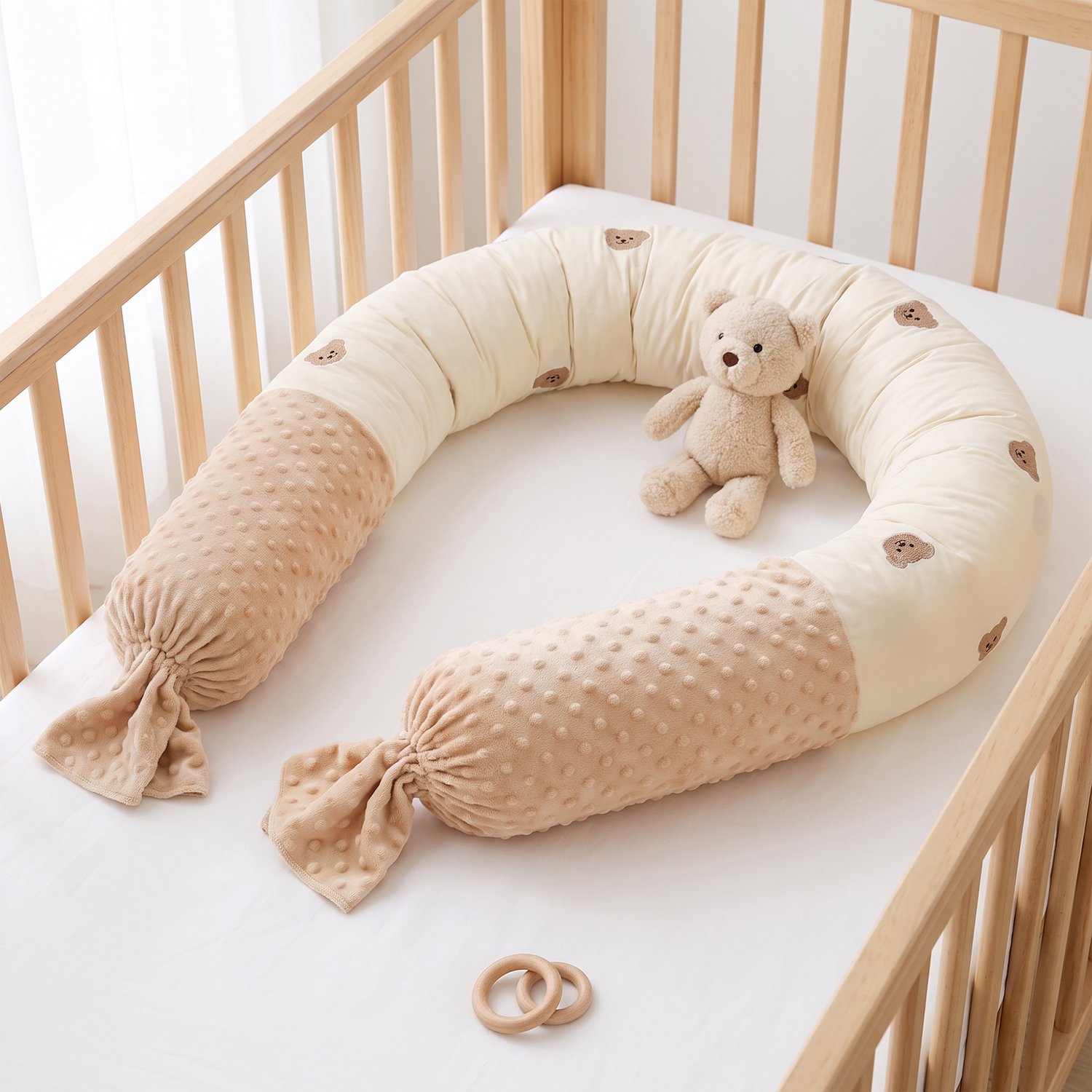 bedbumper voor kinderkamer - Bedomranders - Boxrand - Stootrand - cadeau - Boxomrander - bedrand - bedbumper ledikant - bedbumper baby- cilindervormige bedslang - 200 cm - katoenen buitenhoes-berenborduurwerk - afneembare hoes - crème en lichtbruin