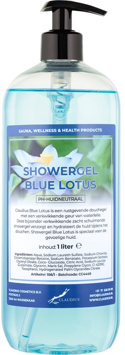 Claudius Douchegel Blue Lotus 1 liter met gratis zwarte pomp - showergel - navulling - voordeelverpakking