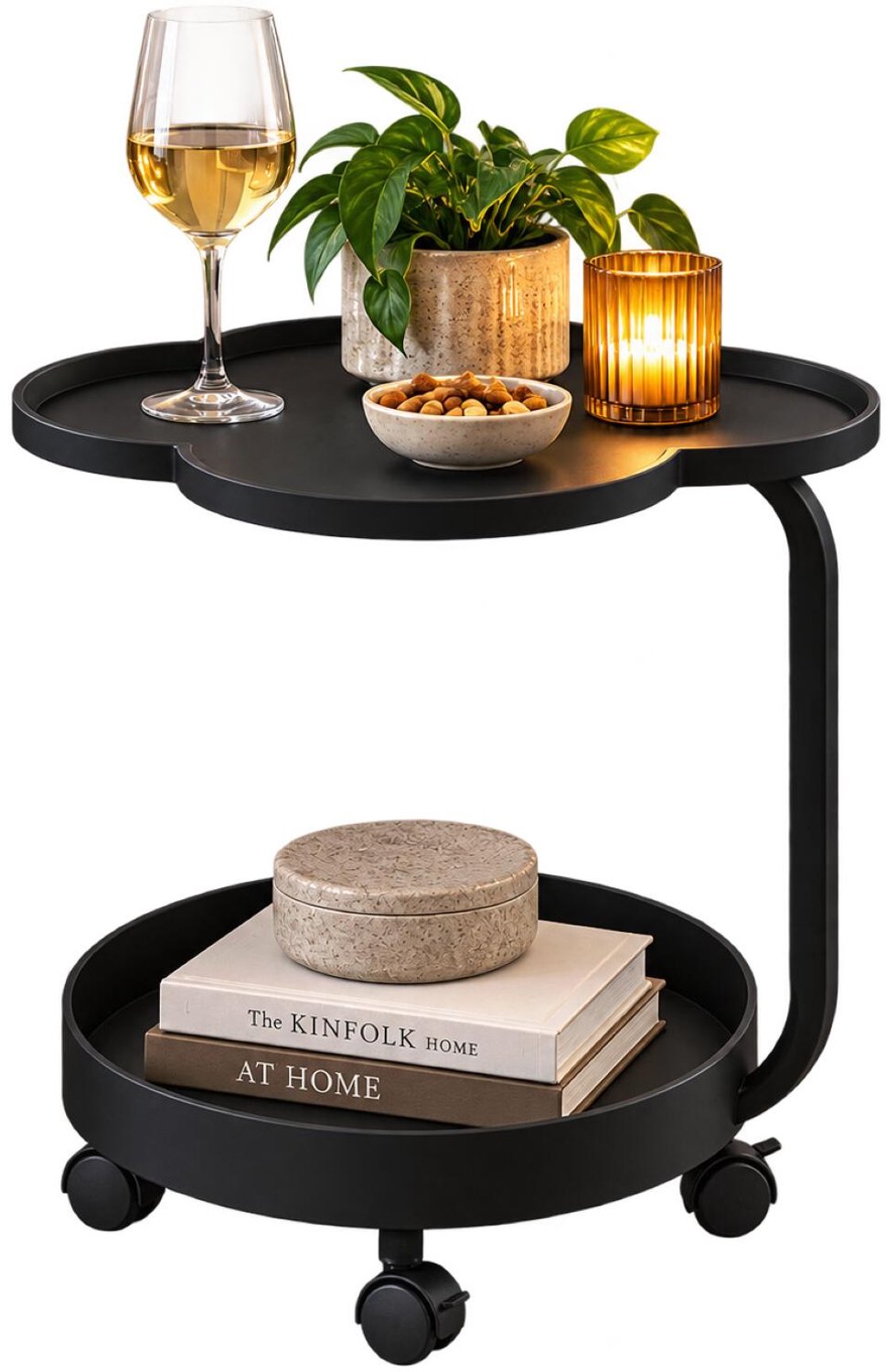 Giftdecor bijzettafel Kyoto - zwart - rond - 43 x 54 cm - metaal - koffietafel - 2 laags model - op wielen