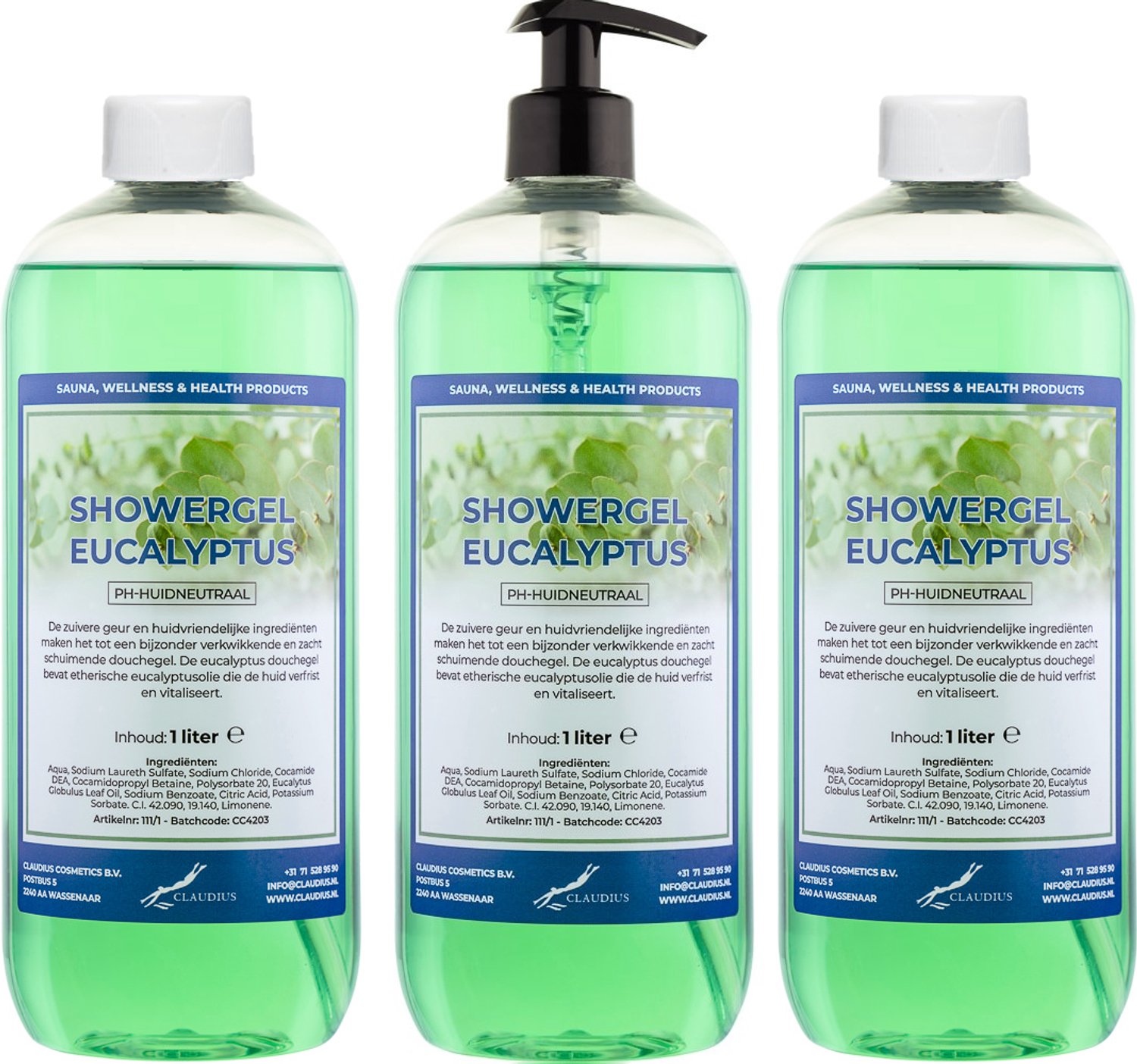 Claudius Douchegel Eucalyptus 1 liter - set van 3 stuks - met gratis zwarte pomp - navulling - voordeelverpakking
