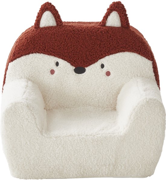 Zachte kinderfauteuil van imitatiebont in de vorm van een vos met bruine en crème kleuren.