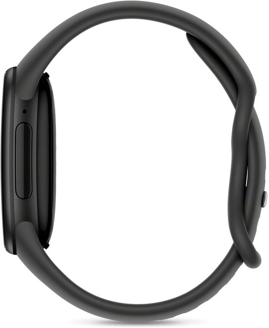 Zijaanzicht van een zwarte Google Fitbit Edge fitnessarmband met bandje.
