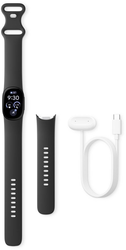 Google Fitbit Edge fitnessarmband met zwarte bandjes en witte USB-C-oplaadkabel.