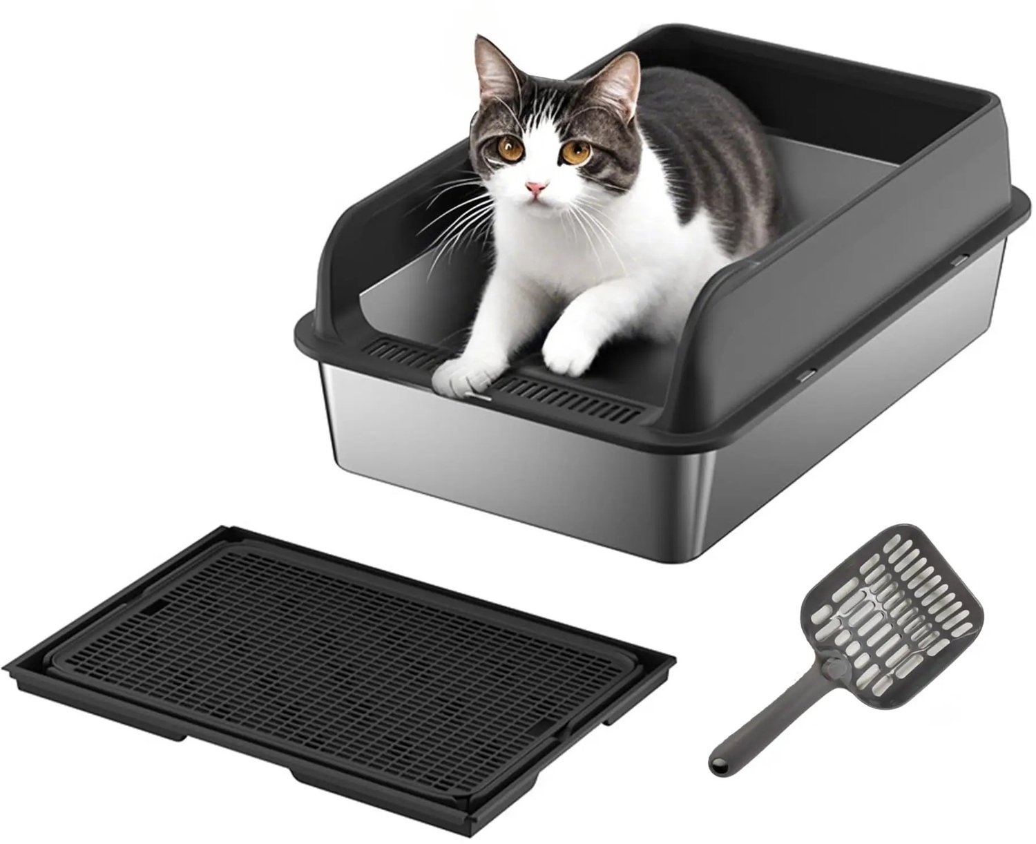 Heidat kattenbak - RVS Kwaliteit kattenbak - Met hoge rand en anti-spat - 60 × 40 × 30 cm