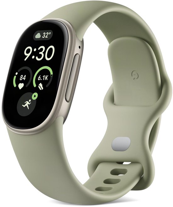 Olijfgroene Fitbit Edge met horlogekast in satijn pyriet en digitaal scherm.